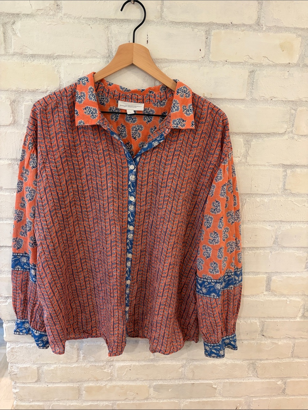 Printed Coral Button-Down Blouse with Blue Trim (B5)